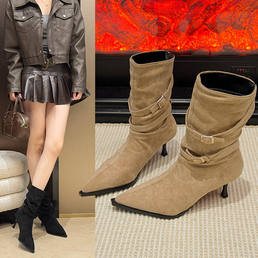 Pointed-Toe Suede Stiletto Ankle Boots Women 