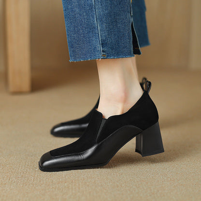 Womens Retro Black Square-Toe High Heels 