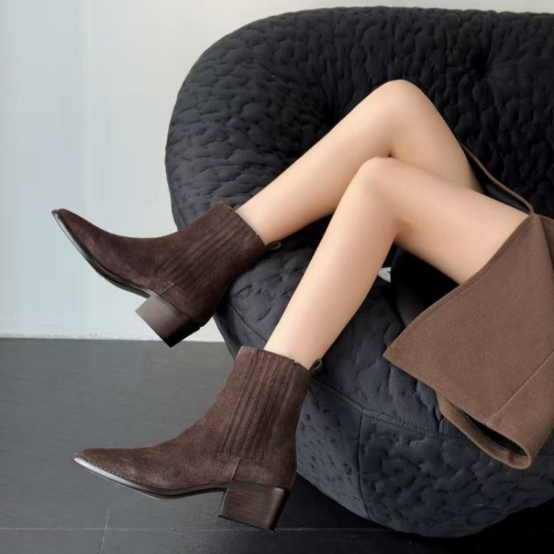 Mid-heel Chunky-heel Retro Square-toe Matte Leather Womens Boots 