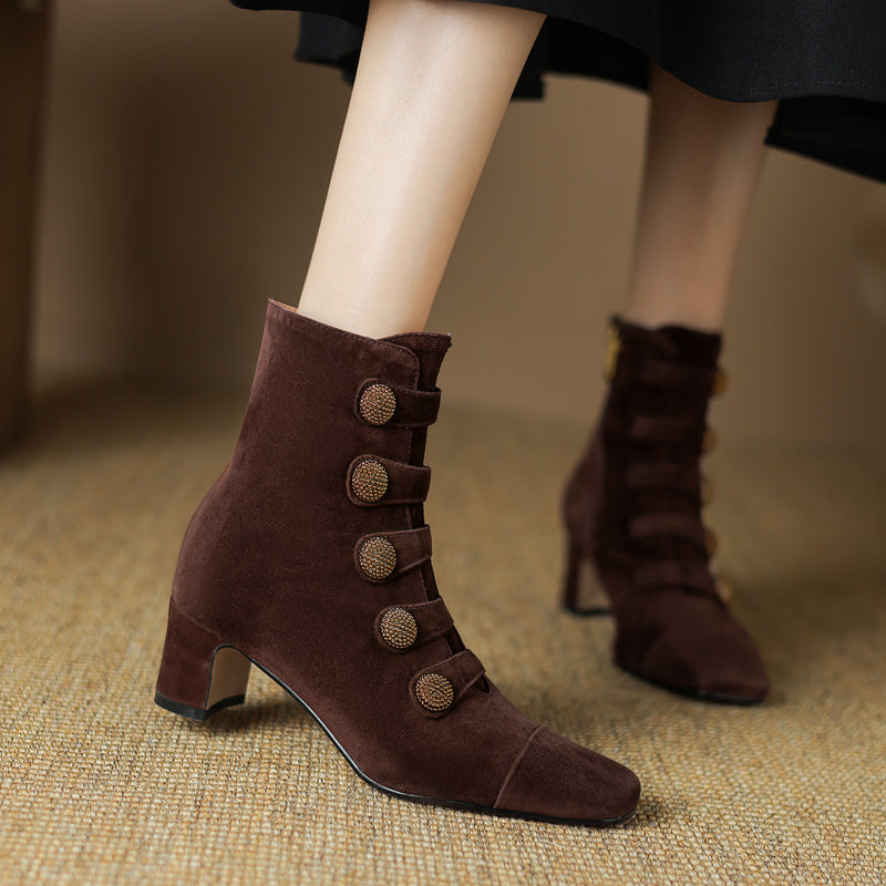 Retro High-heeled Ankle Boots For Women New Autumn Style Suede Round Toe Side Zipper Chunky Heel 