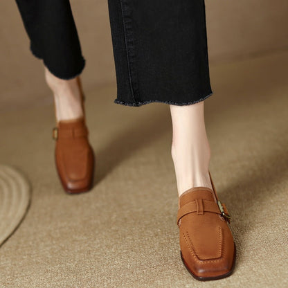 Womens Retro Brown Commuter British Style Leather Shoes With Chunky Heels 