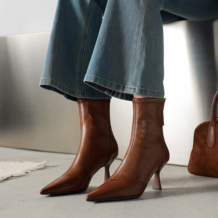 Stiletto-heeled Cowhide Pointed-toe Ankle Boots With A Back Zipper 