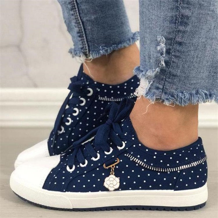 Floral Embroidered Polka Dot Print Sneakers — Women’s Casual Canvas Shoes 